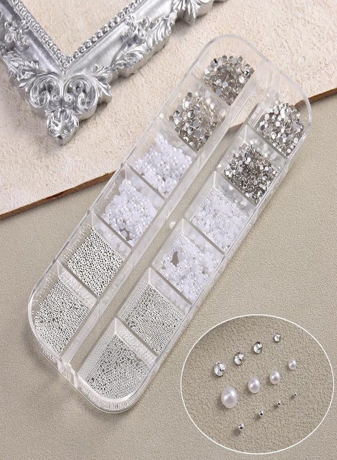 FSpronail Pearl 3D Nail Charms Rhinestone Silver Beads Multi Design 2Boxes,White Semicircle Pearls Jewelry Silvery Steel Ball Mixed Sizes Nails Decoration,Flatback Diamond Gems Women DIY Nail Ornament - Image 2